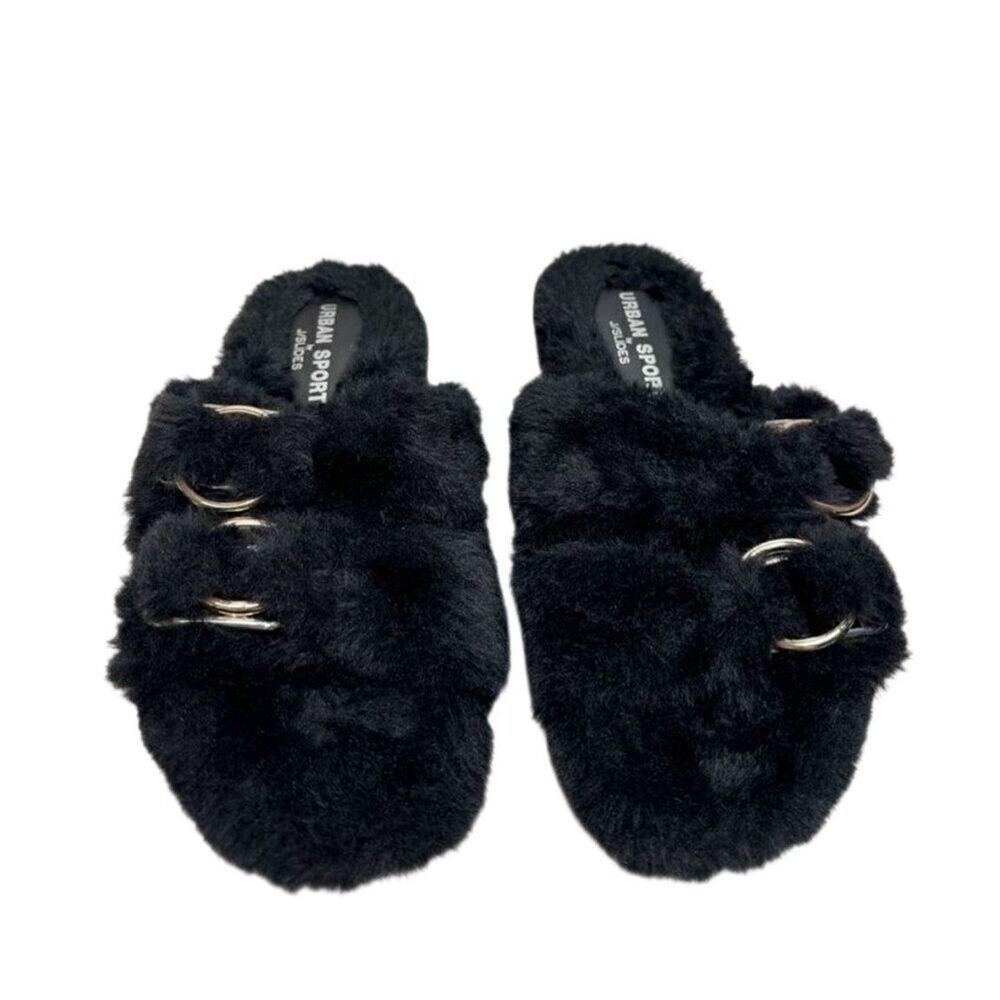 Urban Sports by J/Slides Slippers Size 7 Black Faux Fur Slip On Winter Shoes‎